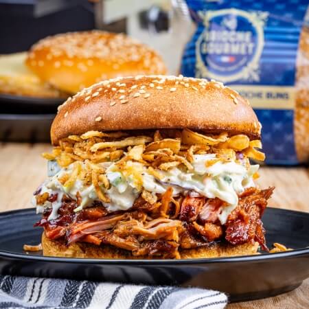 Smoked Pulled Pork Sammies with Jalapeño Slaw & Crispy Onions